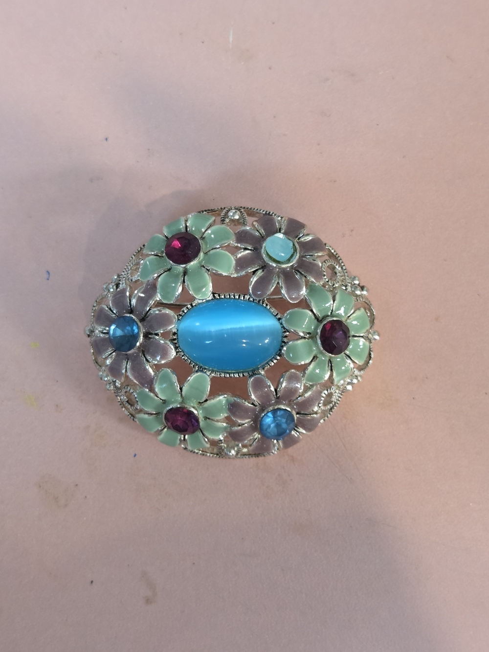 Rare Vintage 1980s Rhinestone and Enamel Flower Brooch